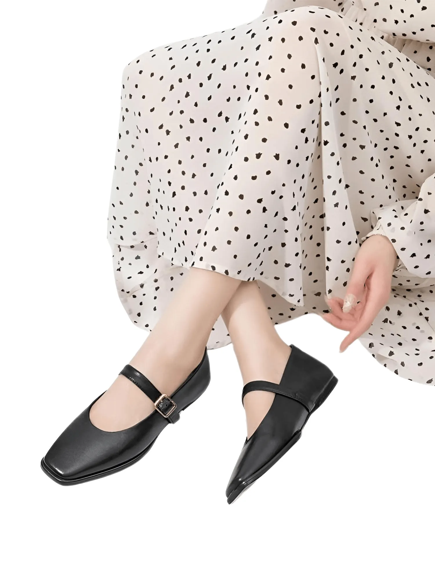 Mary Jane Shoes Women's Genuine Leather Ballet Flats Square Toe Flat Ladies Shoes