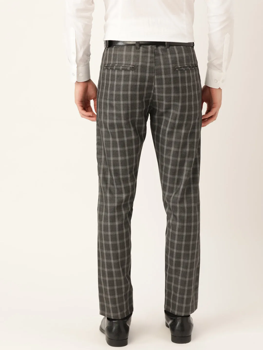 Men's Cotton Blend Charcoal Grey & Grey Checked Formal Trousers - Sojanya