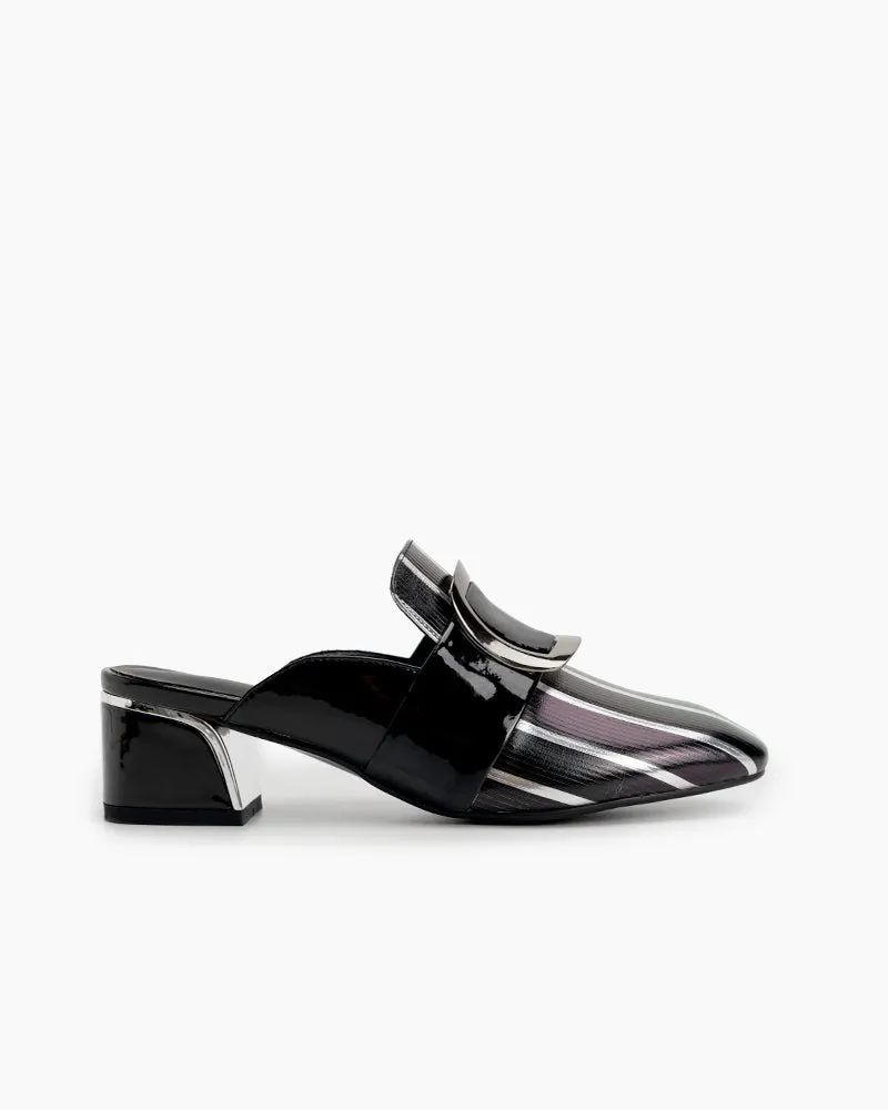 Metal Buckle Square Toe Chunky Low Heel Mules