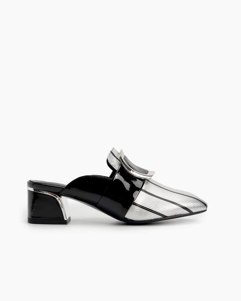 Metal Buckle Square Toe Chunky Low Heel Mules