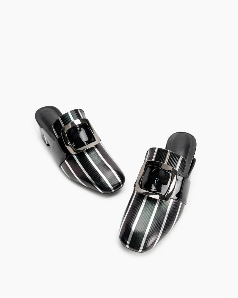 Metal Buckle Square Toe Chunky Low Heel Mules