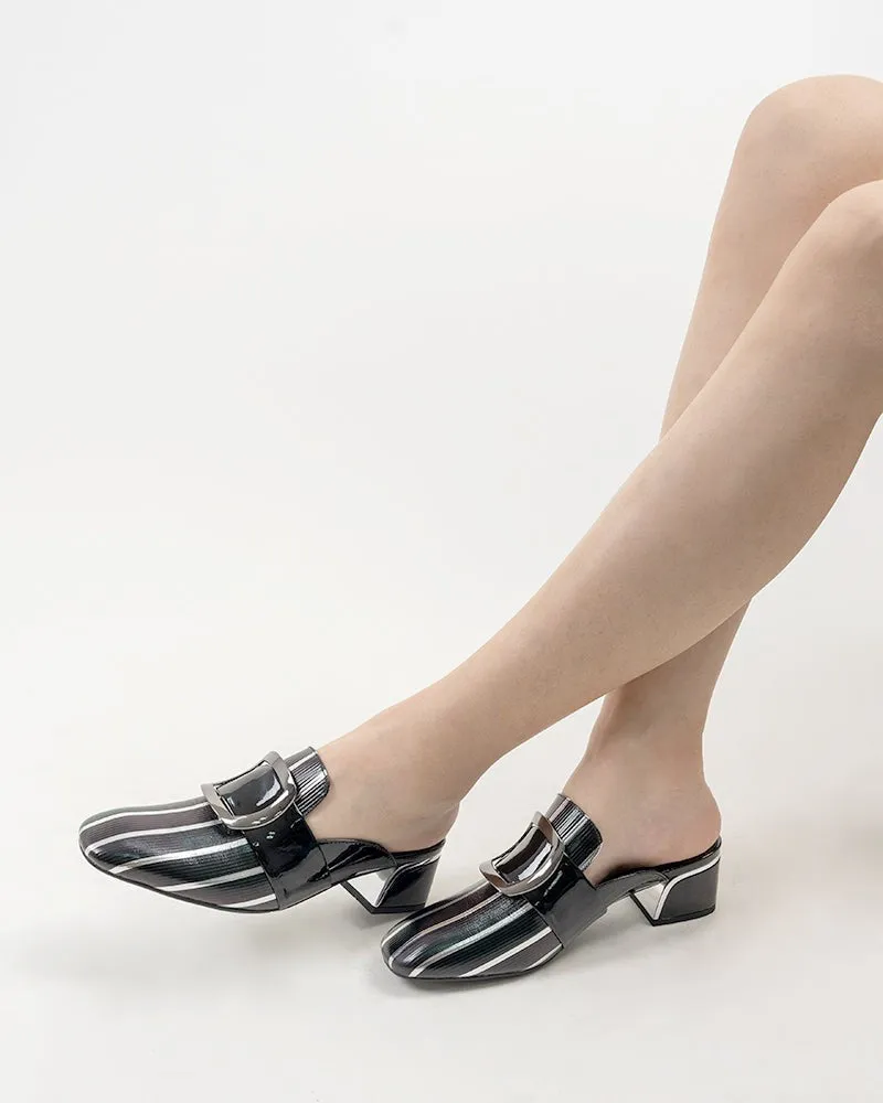 Metal Buckle Square Toe Chunky Low Heel Mules