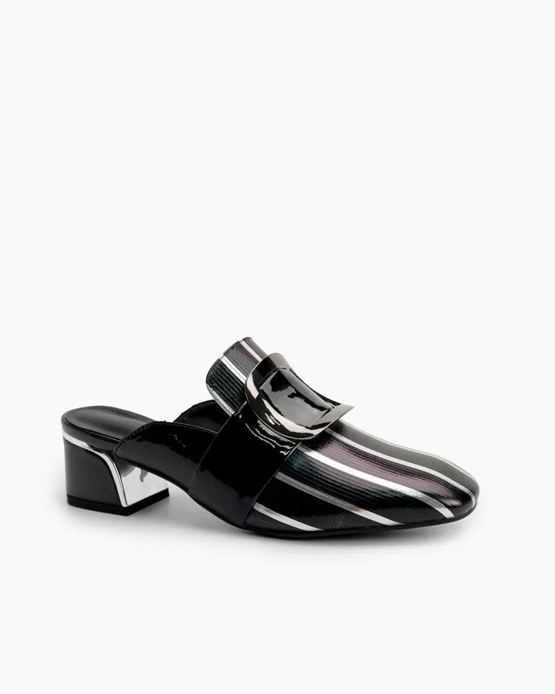 Metal Buckle Square Toe Chunky Low Heel Mules