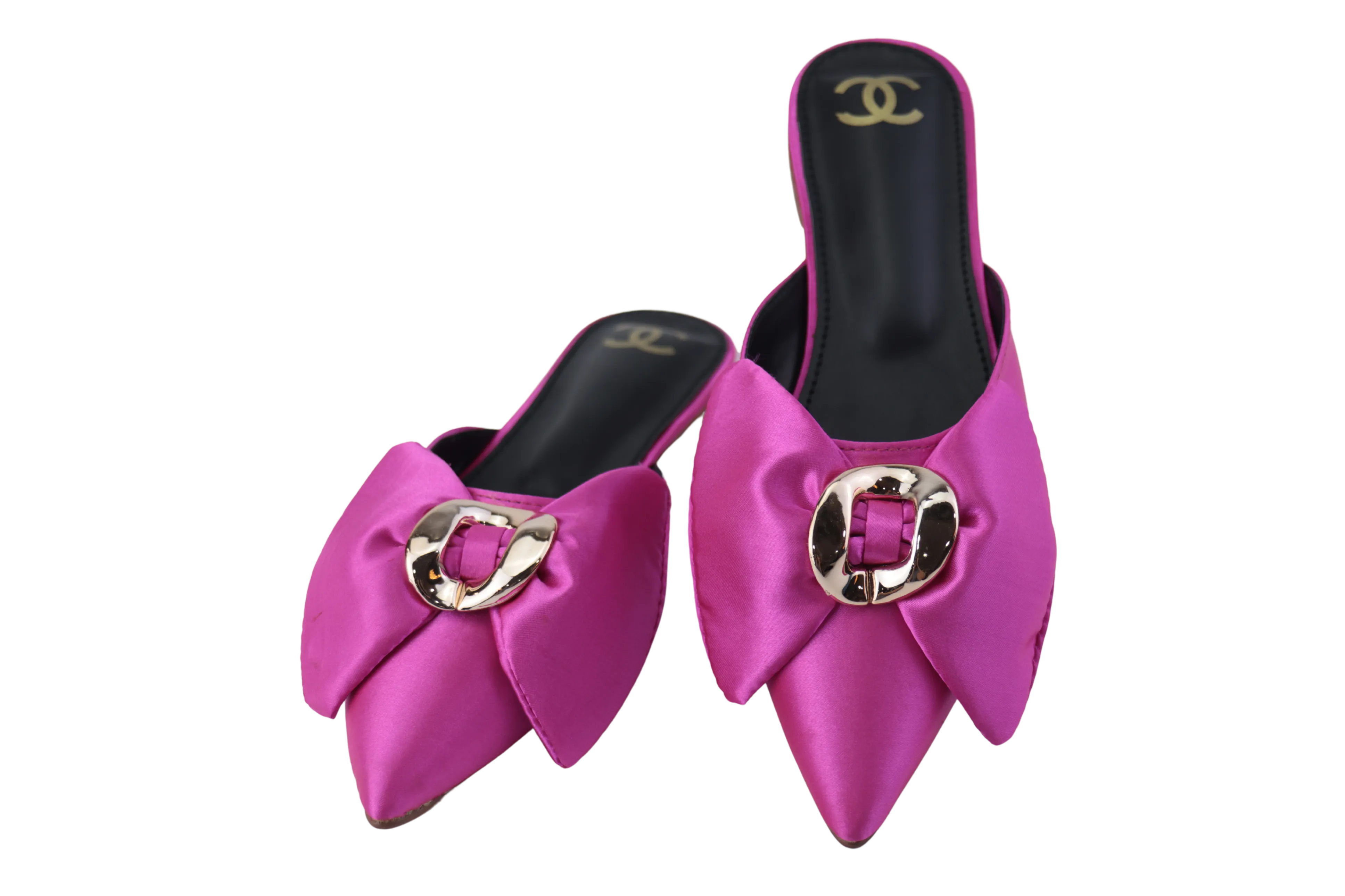 Pink Flat Mules with Gold Buckle and Bow