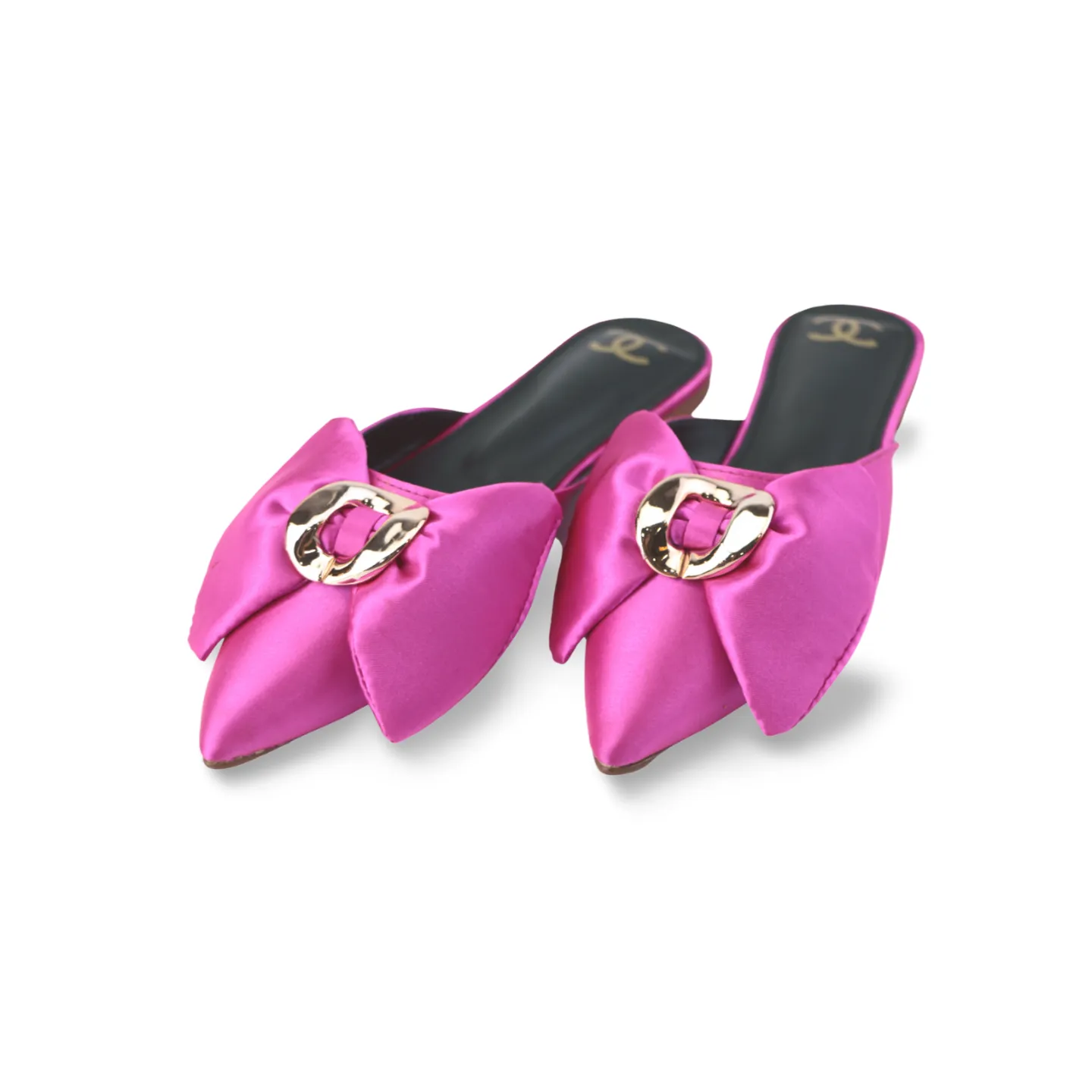 Pink Flat Mules with Gold Buckle and Bow