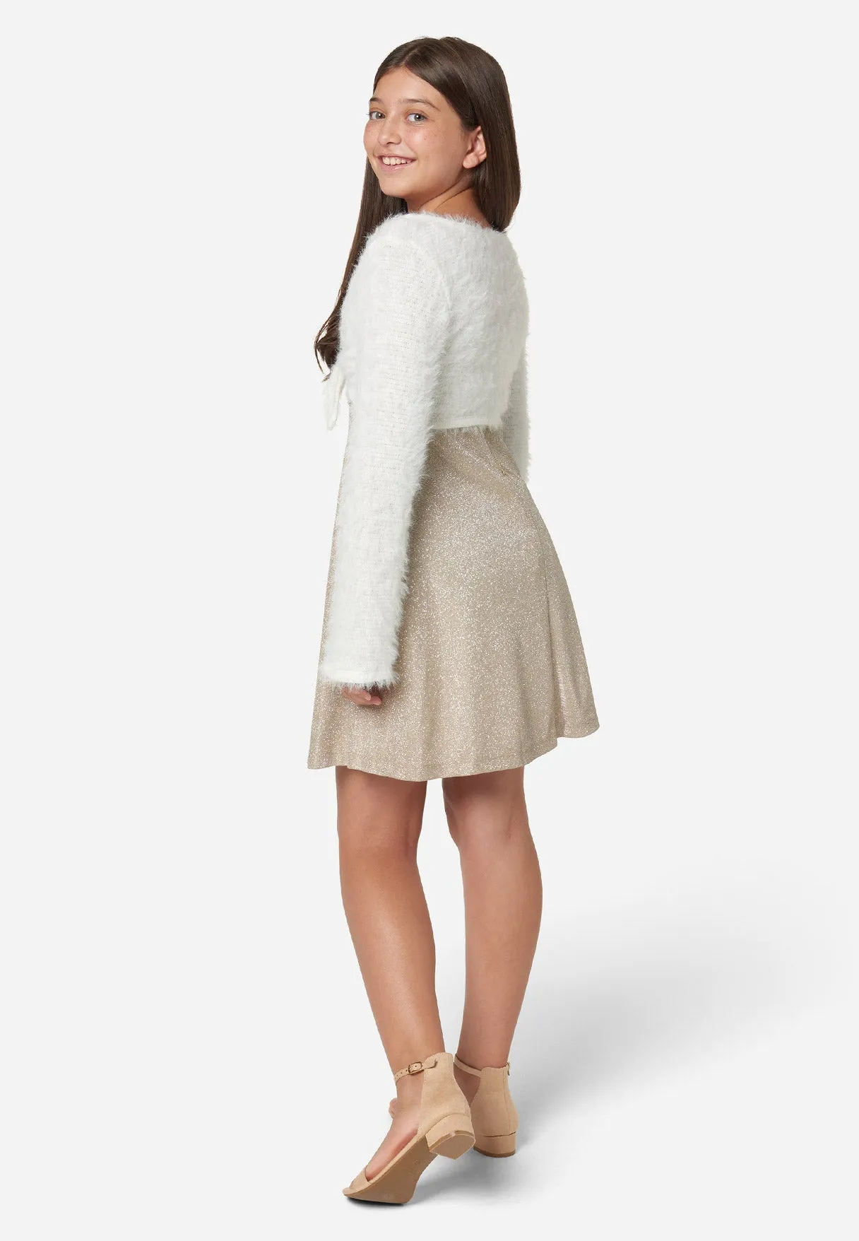 Shimmer Dress with Fuzzy Overlayer